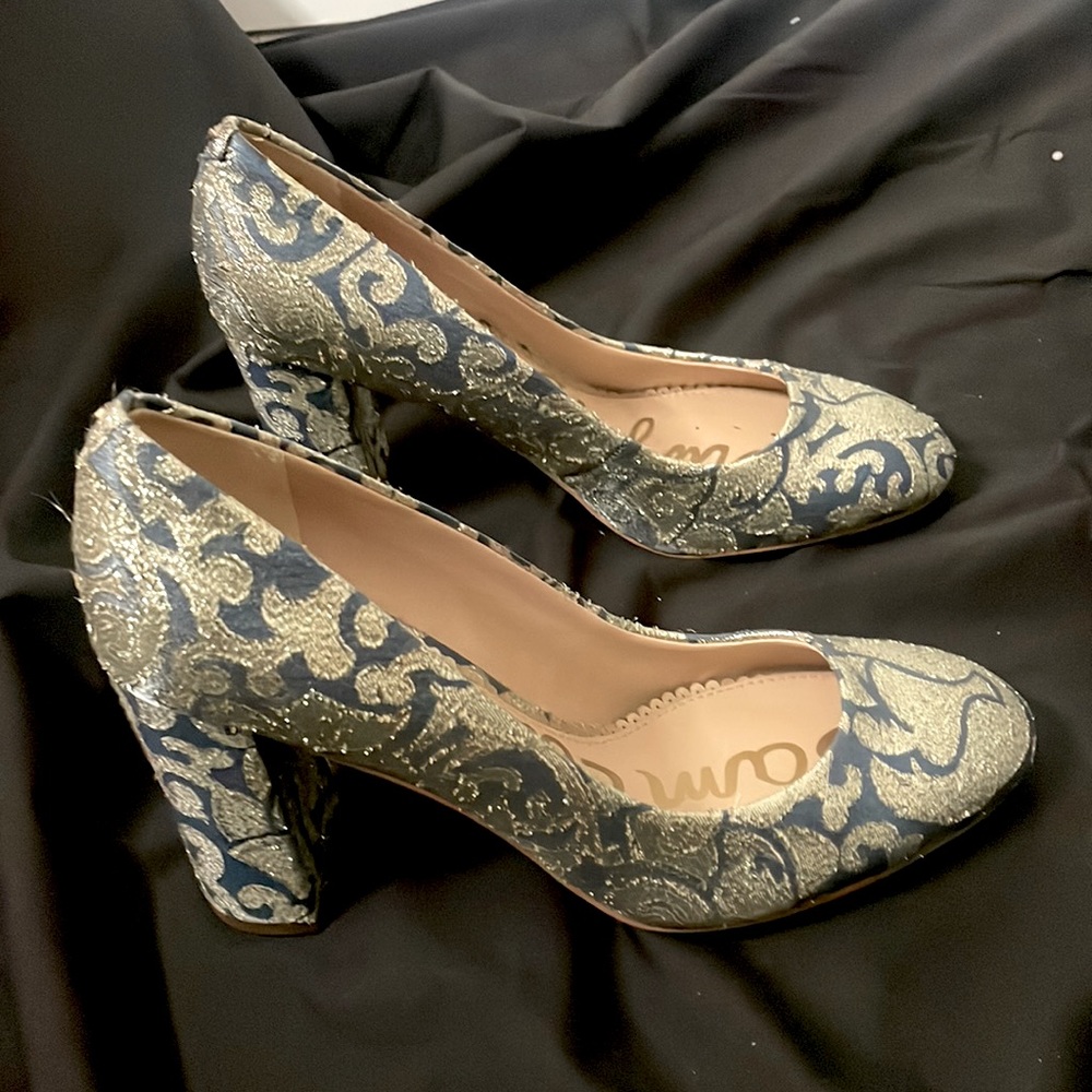 Sam Edelman Woman’s Stillson Blue Matalic Fabric Heels Pump Shoes size 9.5